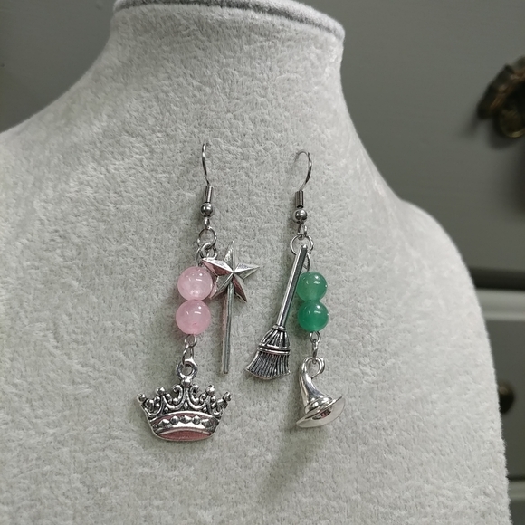 Witch Mismatched Earrings Rose Quartz Aventurine Natural Gemstone StainlessSteel - Picture 8 of 11